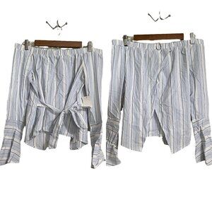 Tobi Women's NWT Blue Striped Tie Split Back Bell Sleeve off Shoulder Blouse XS